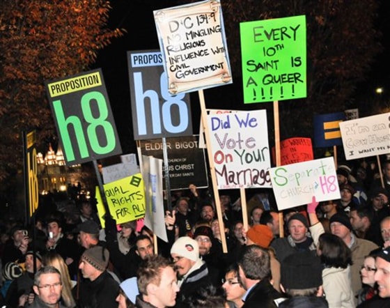 In this Nov. 7, 2008, publicity image released by the Sundance Film Festival, people gather to protest the Mormon church and their support of California's 2008 Proposition 8, a ballot initiative banning gay marriage, in Salt Lake City. 